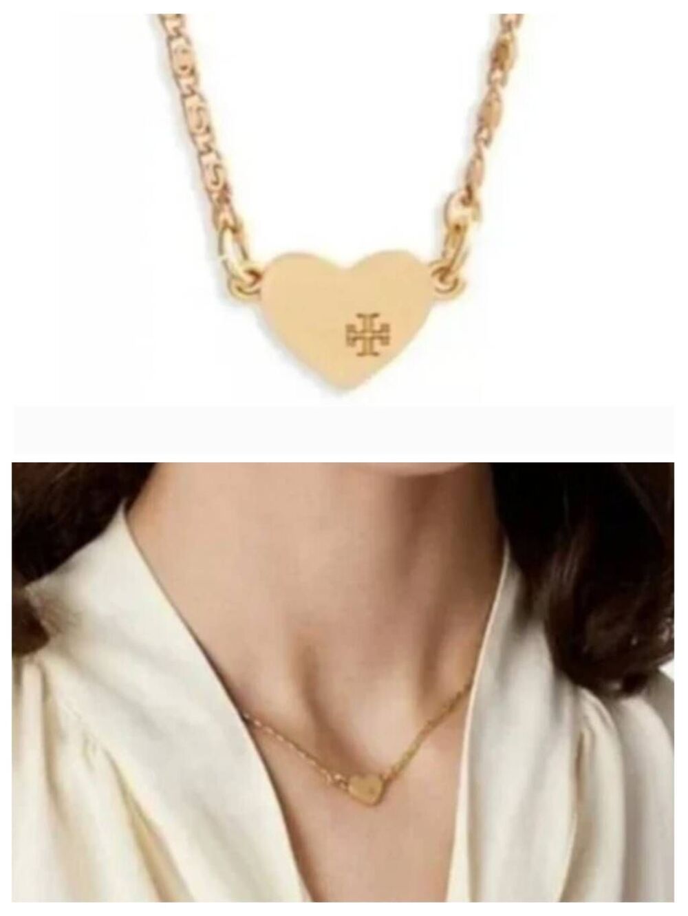 TORY BURCH Gold Matted Tiny Heart Etched Logo Chain Necklace